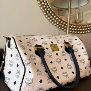 MCM Black and White Satchel with Gold Accents